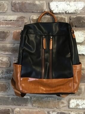 Unisex Black & Brown Two-Tone Leather Backpack - Stylish Everyday Bag